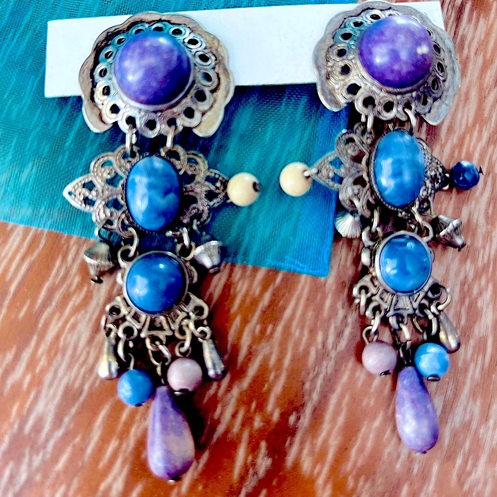 Blue Stone Metal Carved Clip On Vintage Bead Earrings
